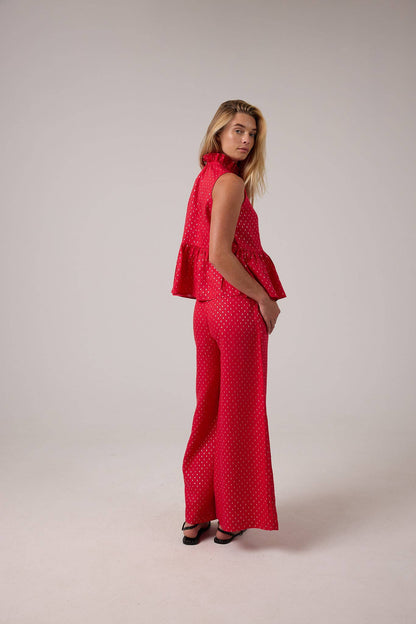 Daisy Linen Top - Red with Silver