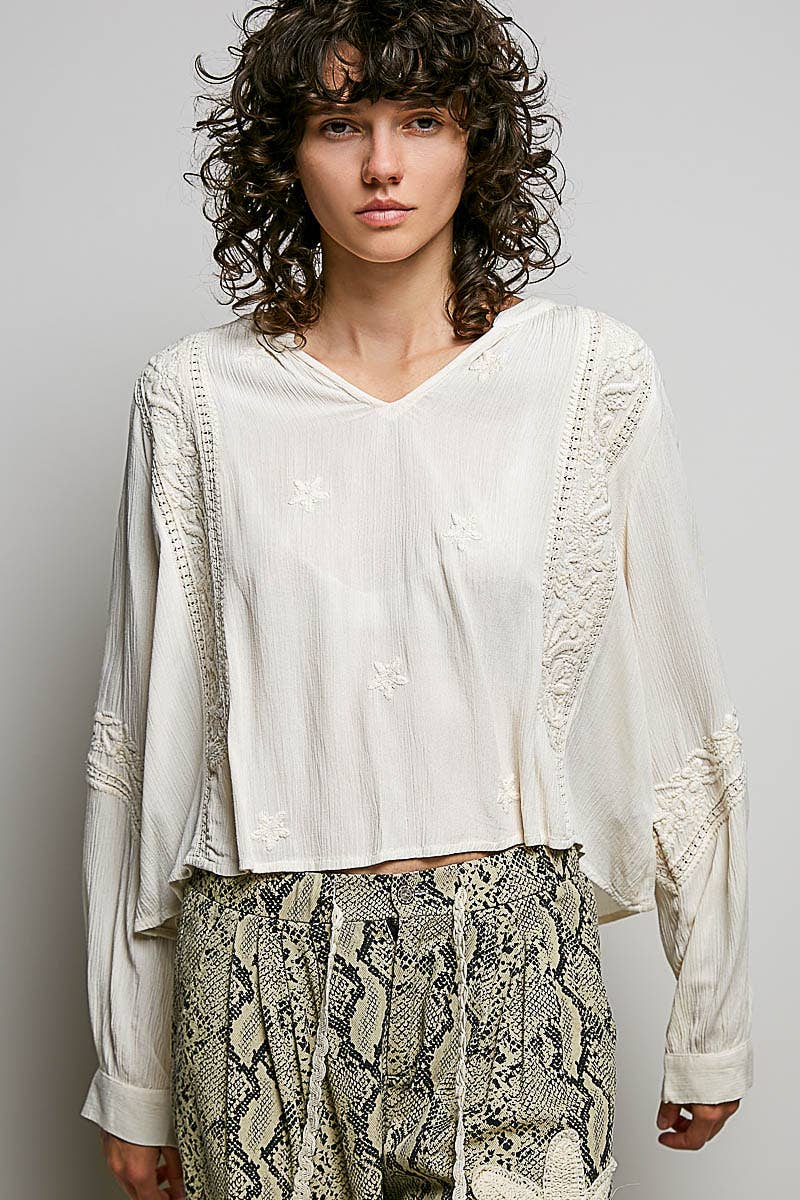 V-neck Long Sleeve Floral Embroidered Cotton Woven Top