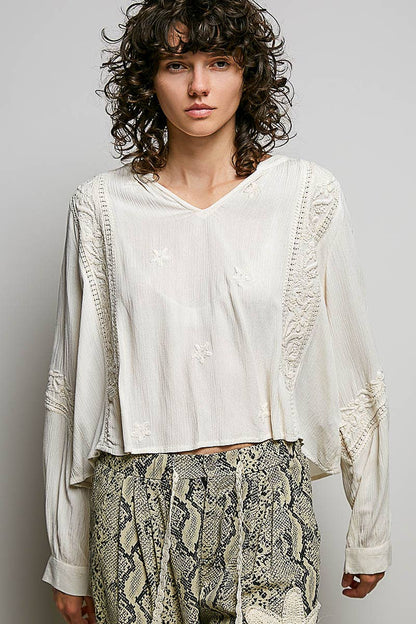 V-neck Long Sleeve Floral Embroidered Cotton Woven Top
