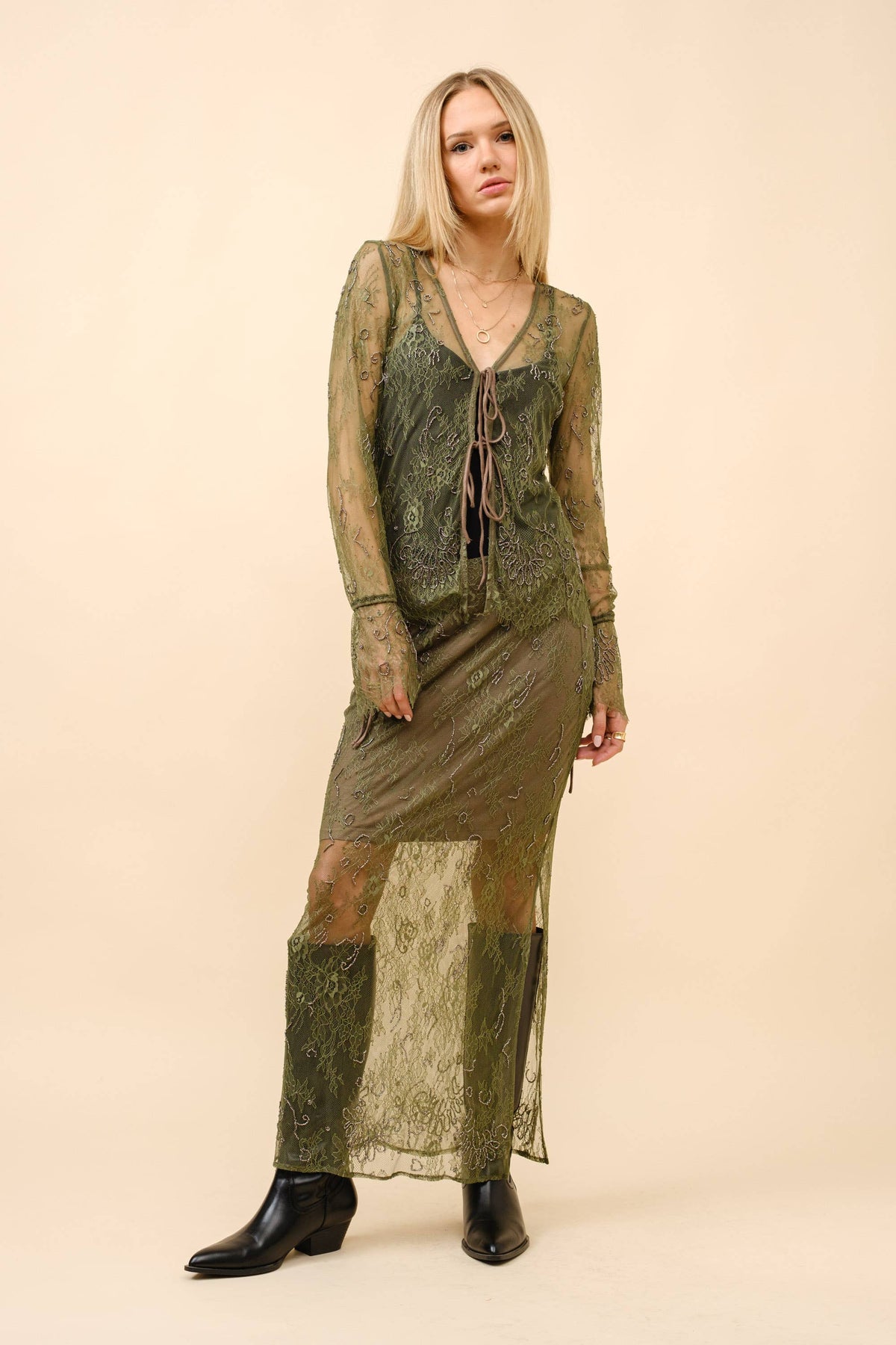 Beaded Embellished Lace Maxi Skirt