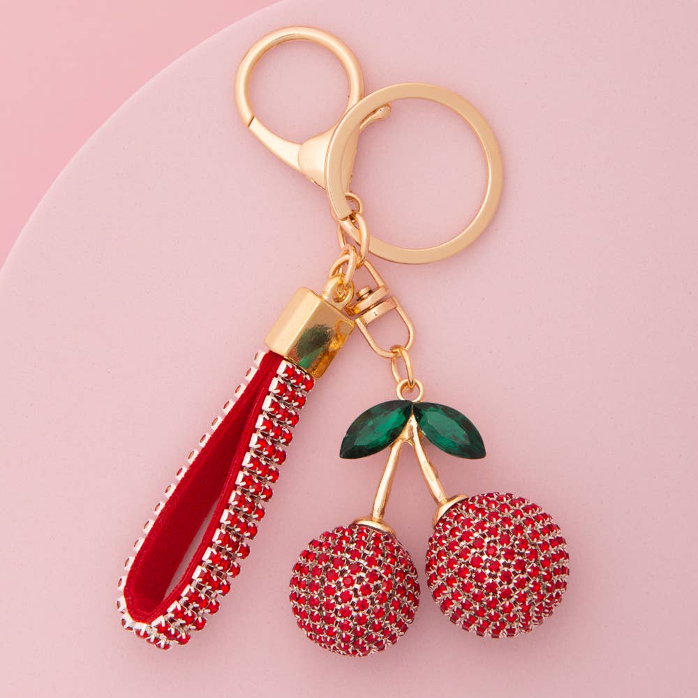 Crystal Lined Red Rhinestone Cherry Wristlet Keychain