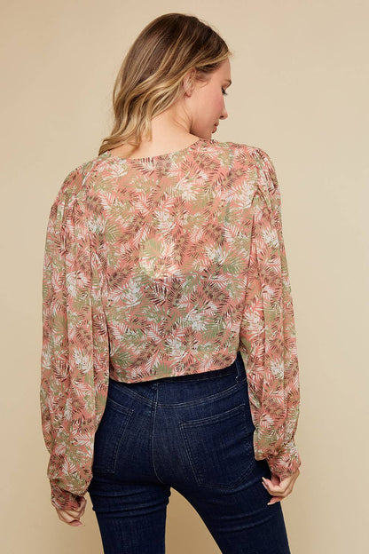 BLUSH LEAF PRINT FRT TIE KIMONO W/ BALLOON SLEEVES