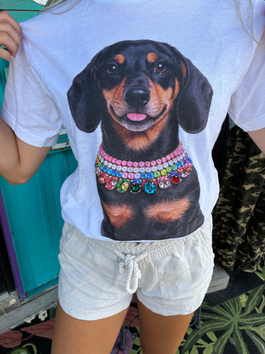 Jeweled Collar Dachshund Dog on White Or Natural Crew