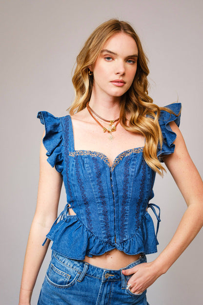 Embroidered Ruffle Sleeve Denim Corset