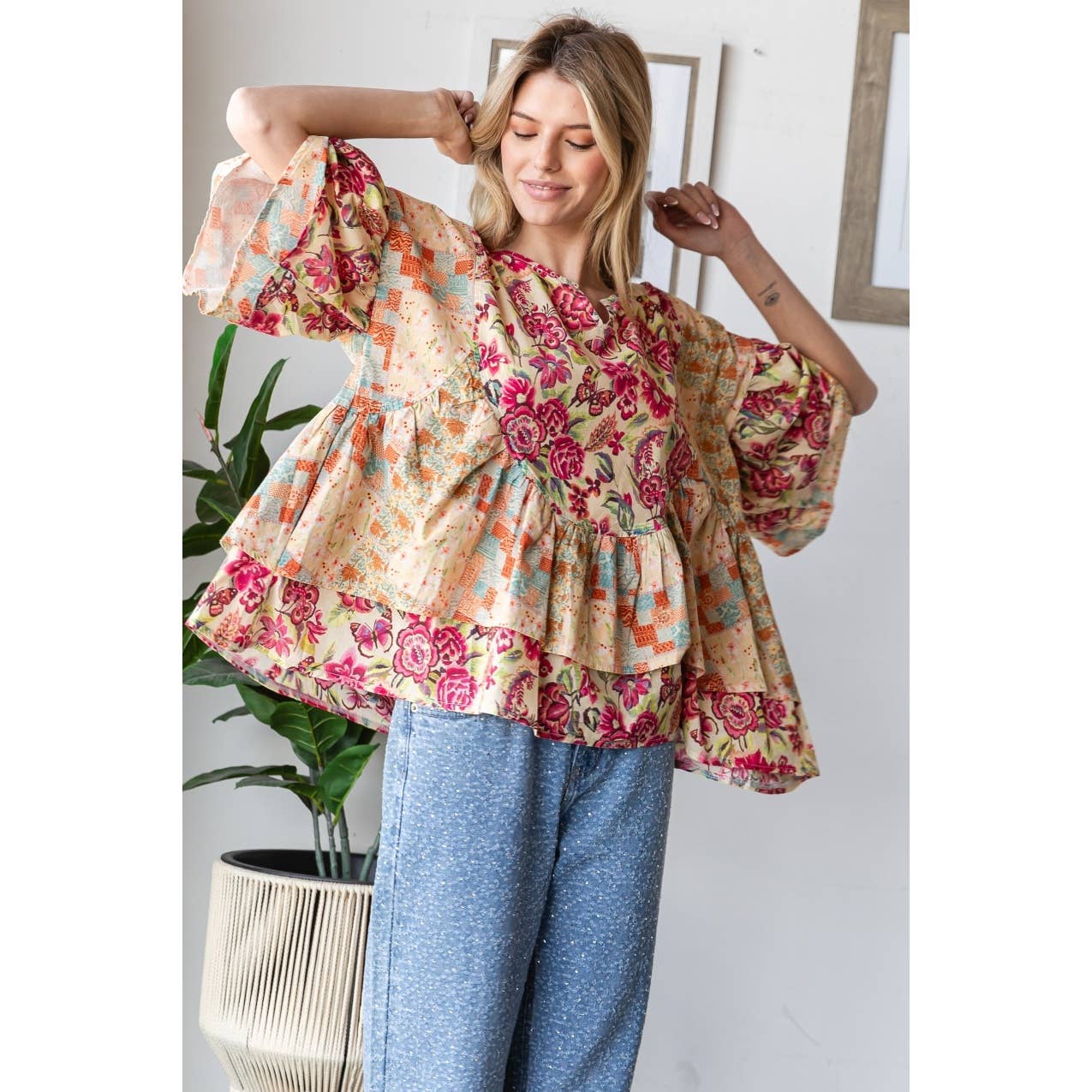 WASHED PRINTED RUFFLE DETAIL BLOUSE TOP