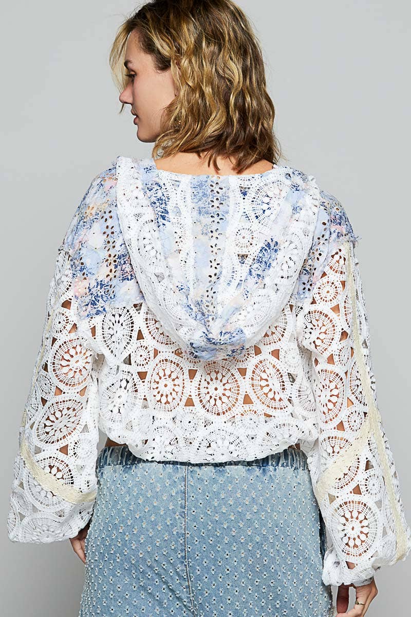 Long sleeve crochet raw edge hoodie woven jacket