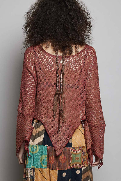 Round Neck Crochet Raw Edge Solid Knit Top