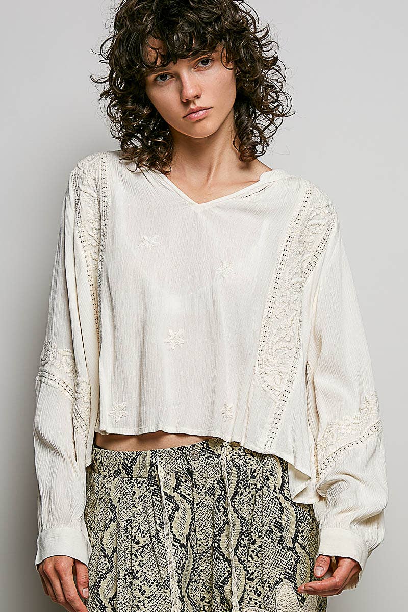 V-neck Long Sleeve Floral Embroidered Cotton Woven Top