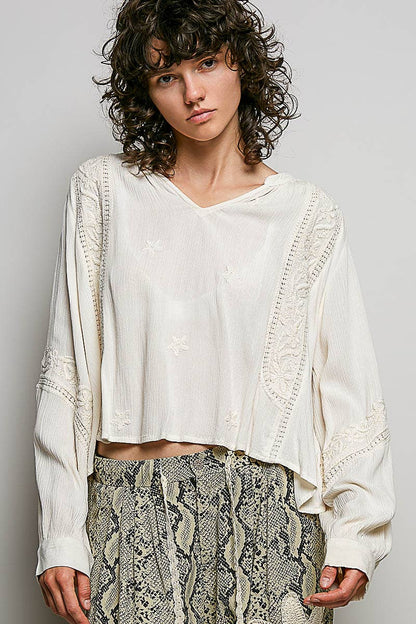 V-neck Long Sleeve Floral Embroidered Cotton Woven Top