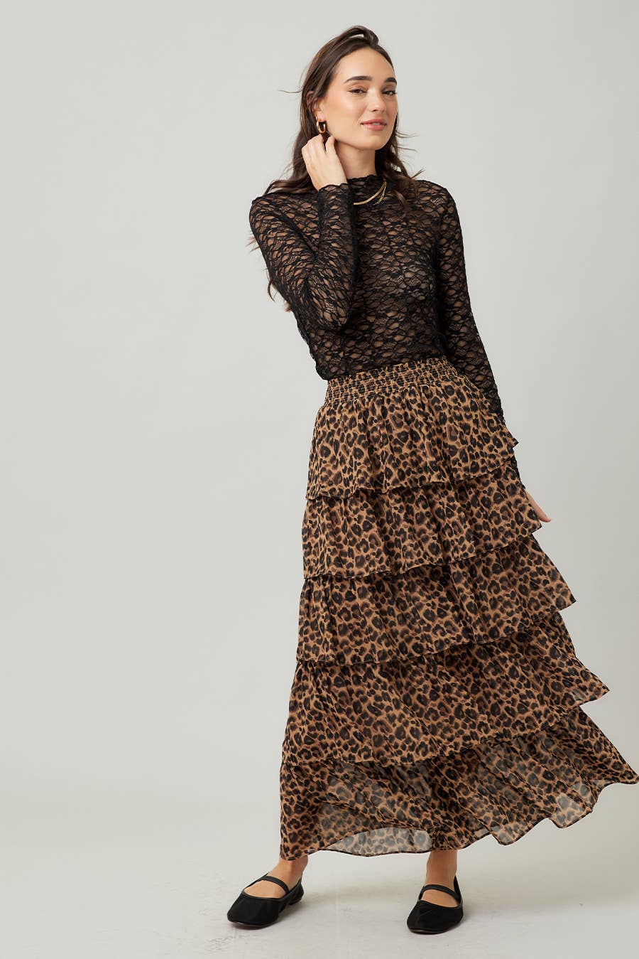 Leopard Print Tiered Ruffle Maxi Skirt