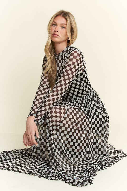 BLACK CHECKER PRINT MAXI DRESS