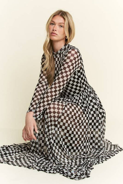 BLACK CHECKER PRINT MAXI DRESS