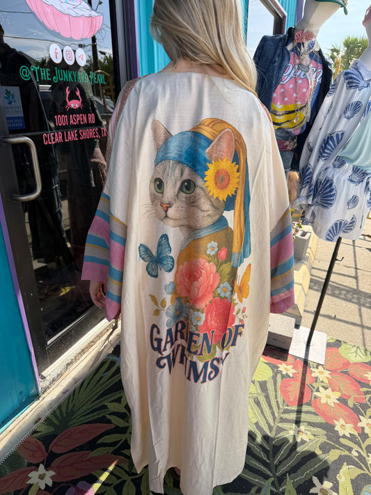 PLUS GARDEN WHIMSY CAT PRINTED BACK KIMONO DUSTER