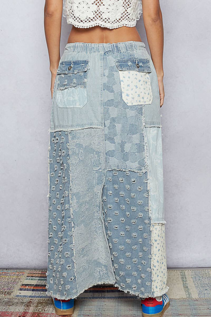 Floral pattern denim patchwork detail skirt