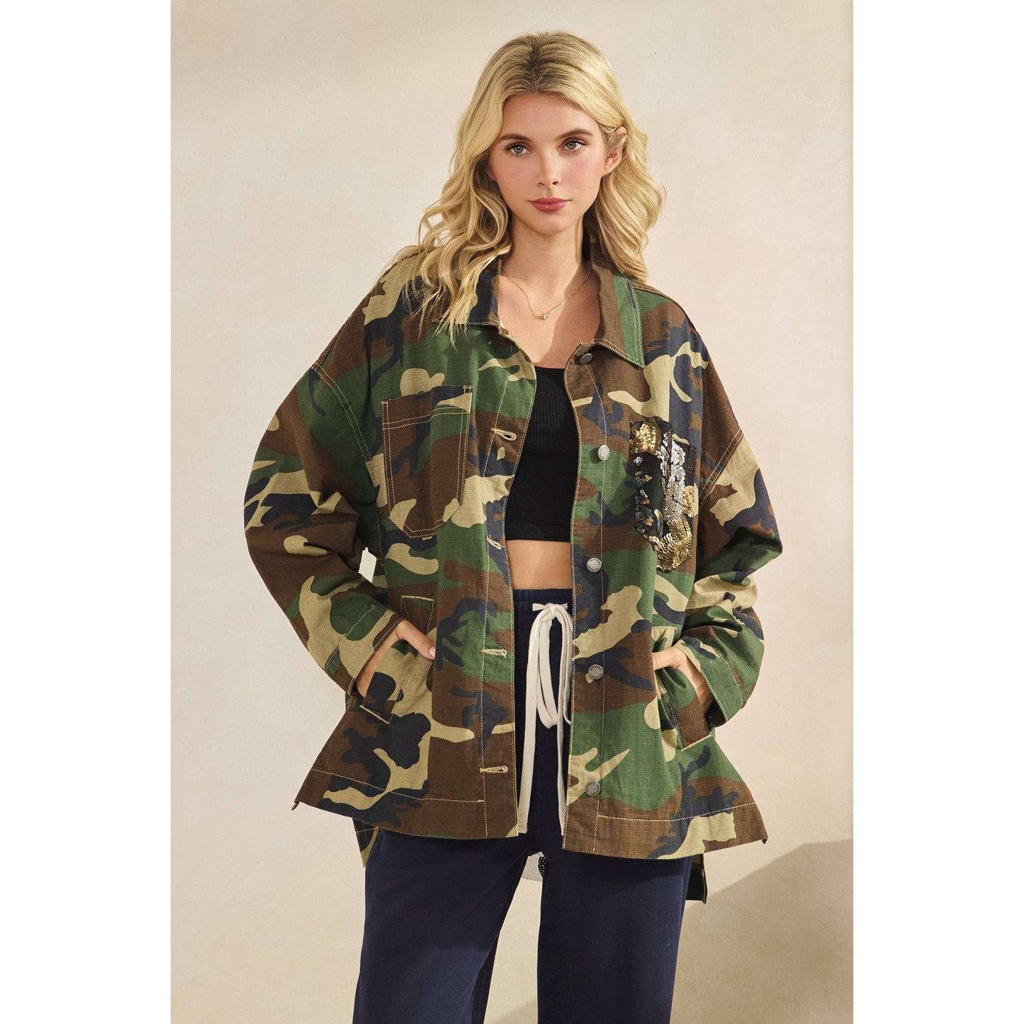 Camo Jacket with Floral Mesh Sequins Contrast