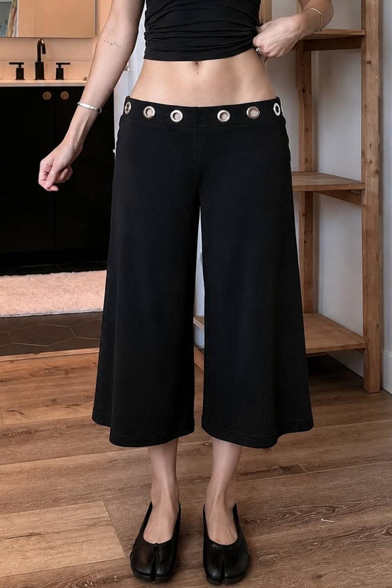 Eyelet Waist Wide Leg Capri Pants