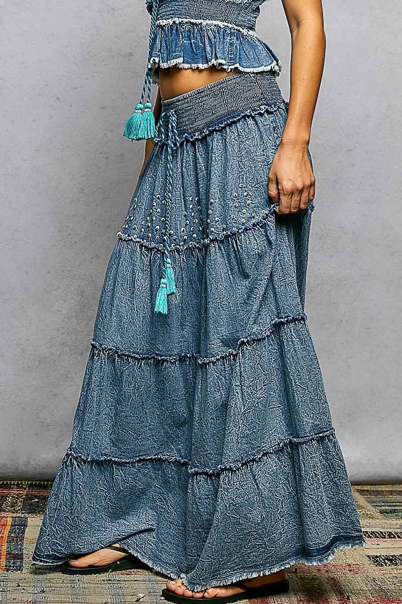 Embroidery Bead Tassel Tiered Denim Maxi Skirt