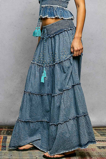 Embroidery Bead Tassel Tiered Denim Maxi Skirt