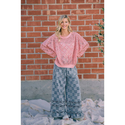 WASHED CHECKERBOARD DENIM RUFFLED DETAIL PANTS