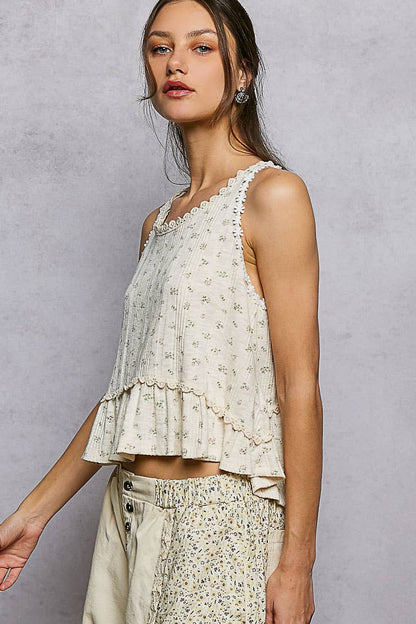 Round Neck Ruffle Hem Trim Detail Floral Sleeveless Top