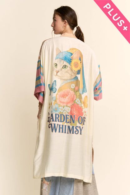 PLUS GARDEN WHIMSY CAT PRINTED BACK KIMONO DUSTER