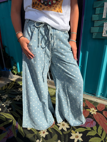 Polka Dot Wide-Leg Denim Pants