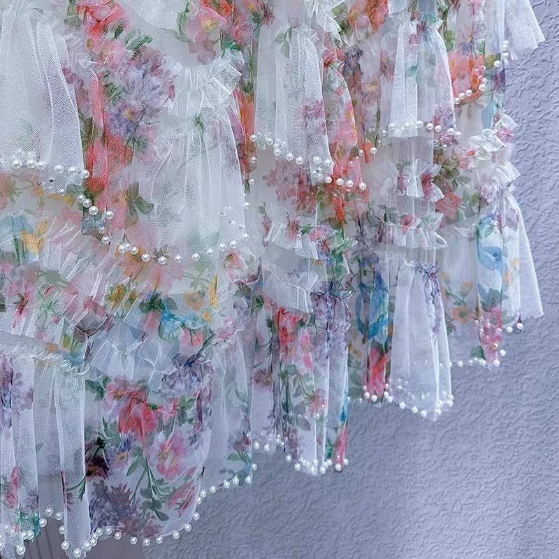 Beaded Floral Mesh Layered Skirt