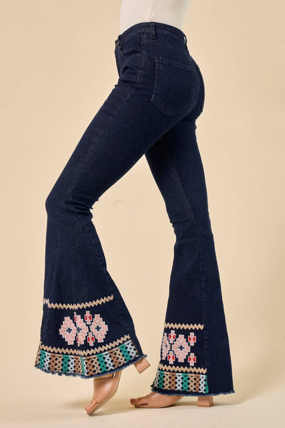 DARK DENIM BELLBOTTOMS WITH EMBROIDERY DETAIL