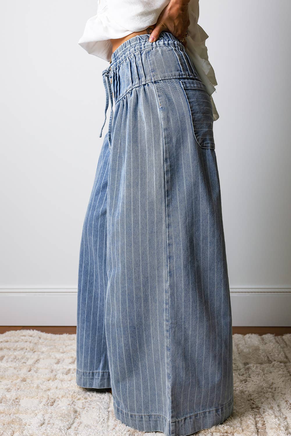 Stripe Button Pleated Drawstring Wide Leg Jeans