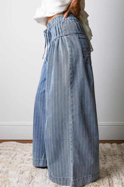 Stripe Button Pleated Drawstring Wide Leg Jeans