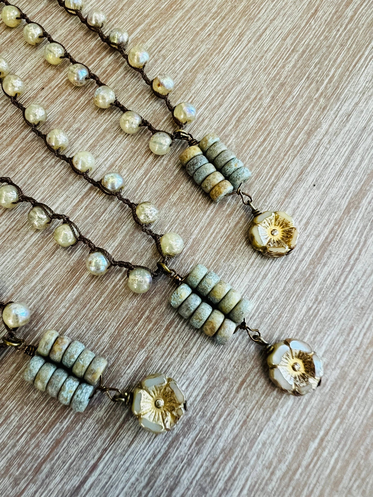 Rustic Ivory Ladder Drop Necklace and Knotted Mercury Glass