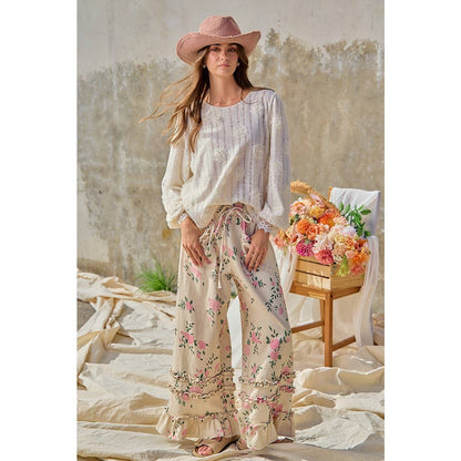 WASHED FLOWER PRINTED TWILL RUFFLED DETAIL WIDE PANTS