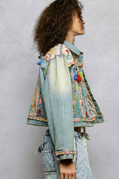 Floral Embroidery Lace Trim Tassel Denim Jacket