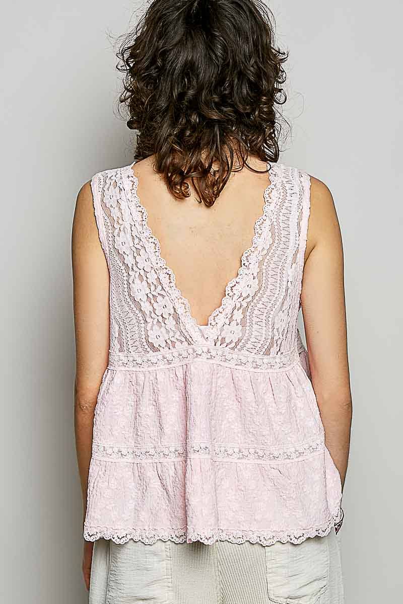 Sleeveless Deep V-neck Lace Trim Knit Top