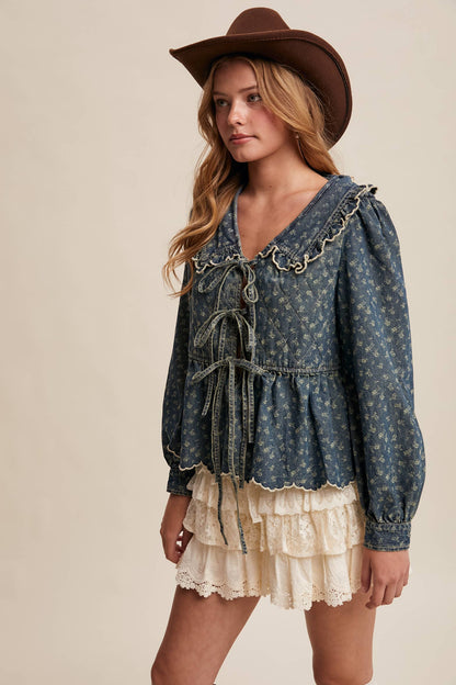 Ruffle Collar Tie-Front Denim Blouse