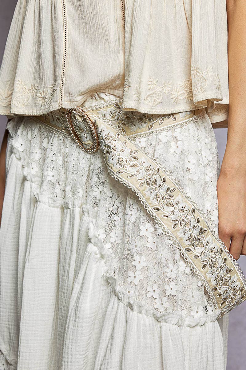 Embroidered Floral Lace Belt with Pearls