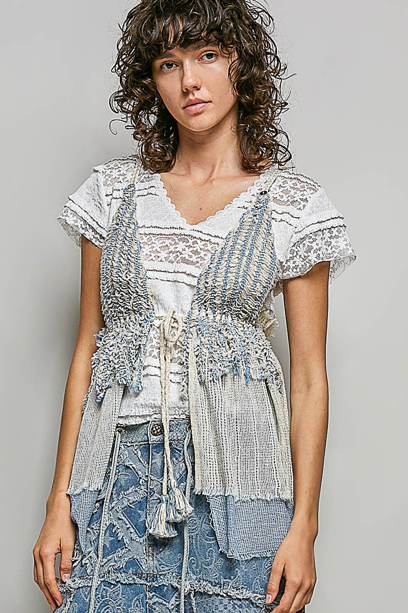 Stripe Loop Point Ruffle V-Neck Crochet Bra Top Sleeveless