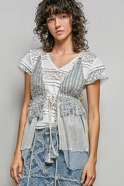 Stripe Loop Point Ruffle V-Neck Crochet Bra Top Sleeveless