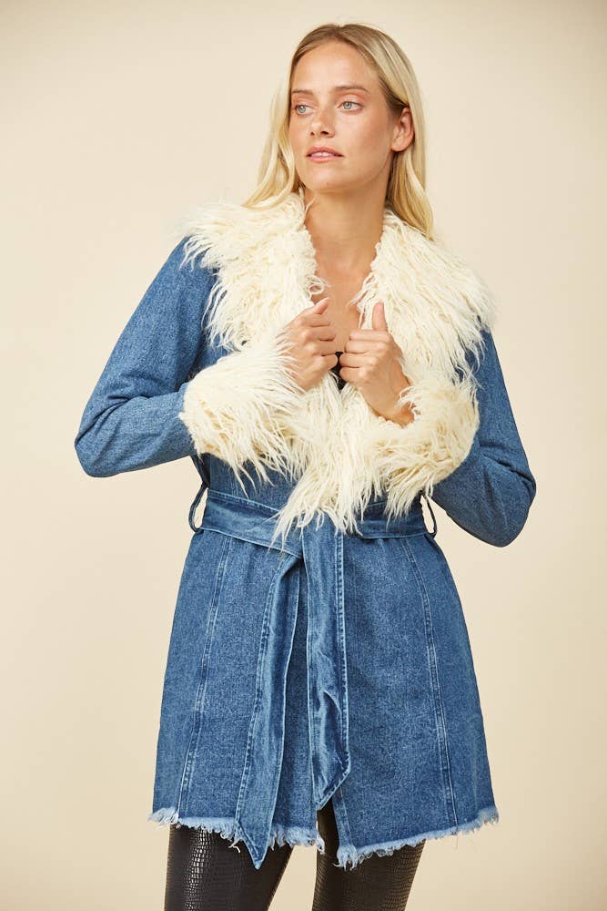 FAUX FUR DENIM WRAP COAT