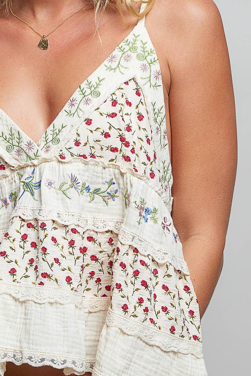 A-body Flared Fit Double Gauze Floral Embroidery Sleeveless