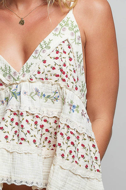 A-body Flared Fit Double Gauze Floral Embroidery Sleeveless