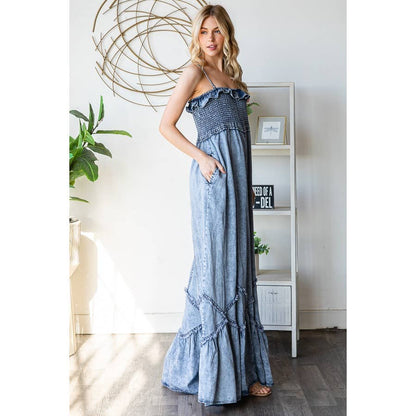 SMOCKED RUFFLE HEM WIDE LEG TENCEL JUMPSUIT