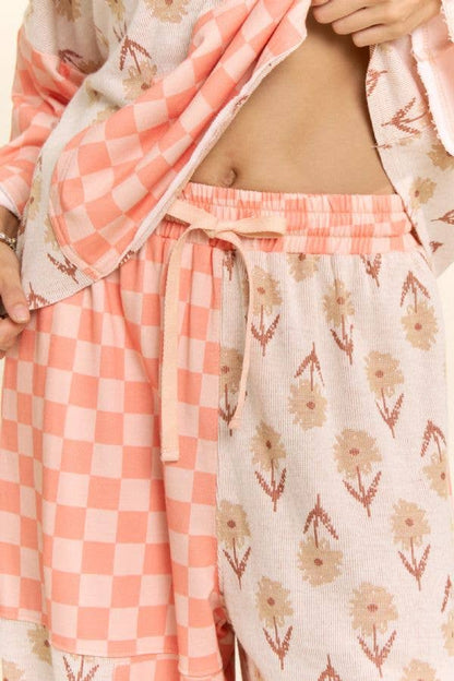 Retro Floral Checkered Patchwork Hoodie Lounge Set