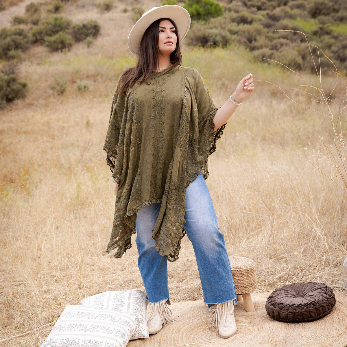 Boho Lace Embroidered V-Neck Asymmetrical Kaftan Top