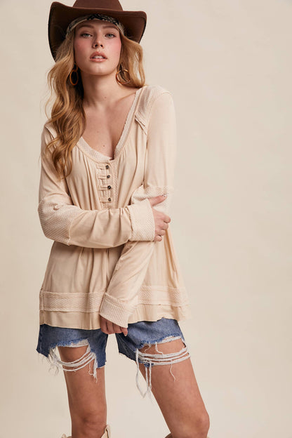 Textured Panel Button Henley Top