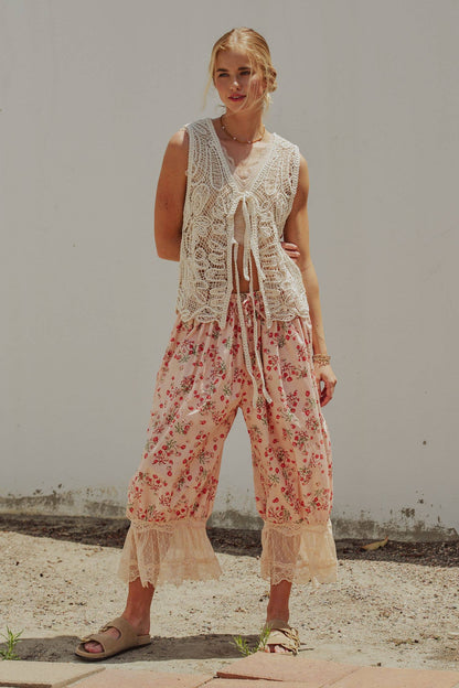 Floral Cotton Lace Hem Balloon Bloomer Pants