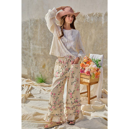 WASHED FLOWER PRINTED TWILL RUFFLED DETAIL WIDE PANTS