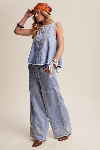 Washed Denim Tank & Wide-Leg Pants Set