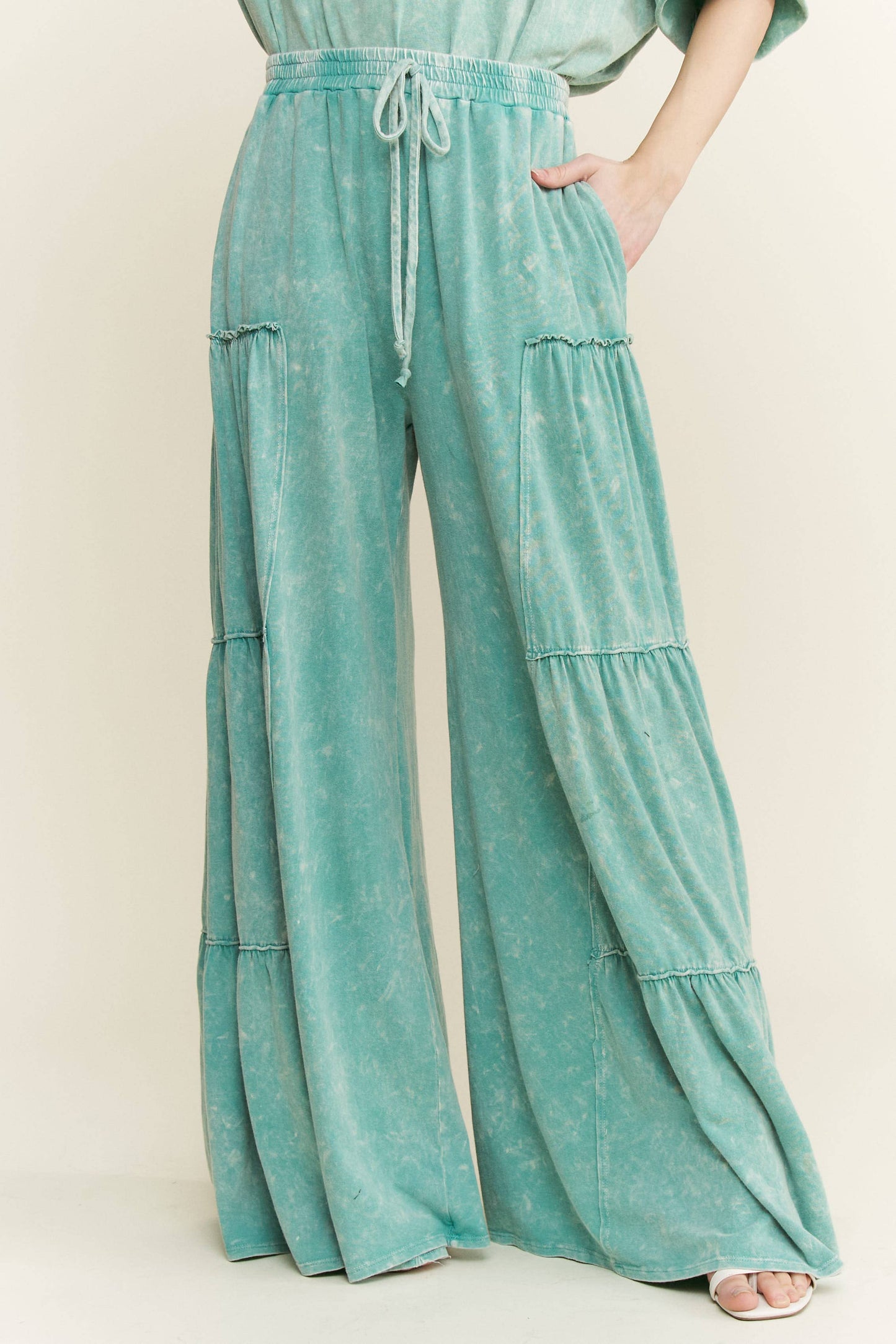Mineral Washed Tiered Wide Leg Pants