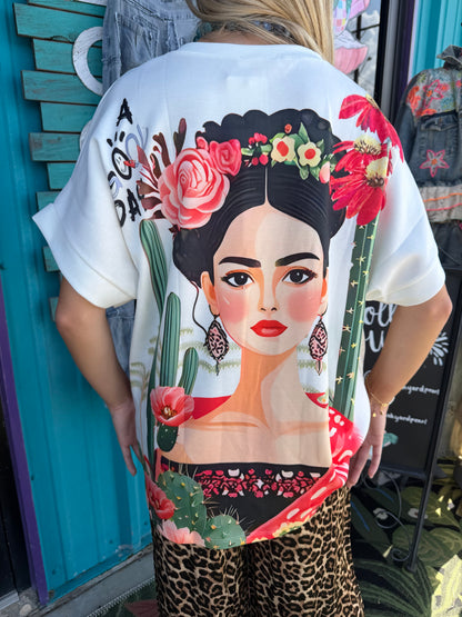 Frida Print Cotton T-Shirt Ecru